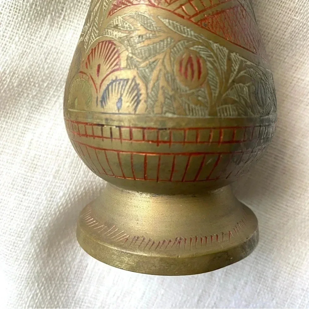 Vintage Crane and Floral Etched Brass Vase
